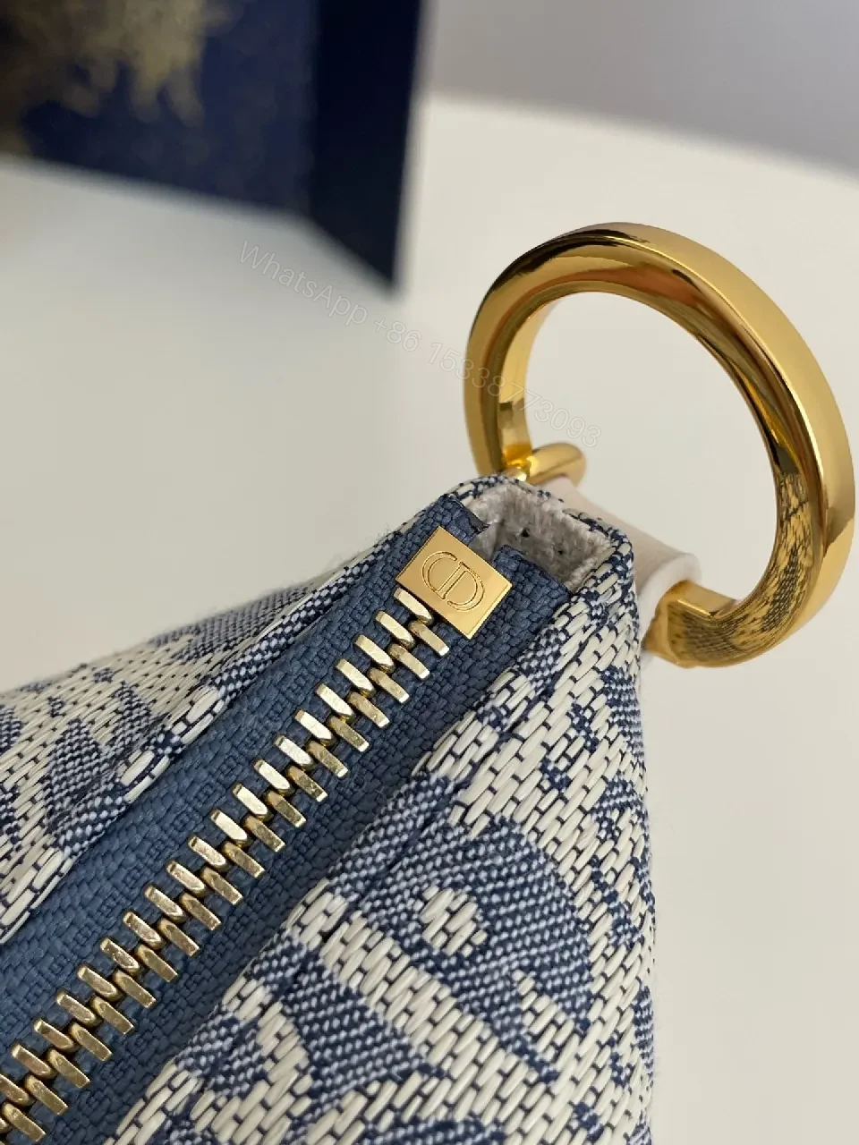 View 4 of Denim-Texture Mini Bag with White Leather Strap Signature Chic Luxury
