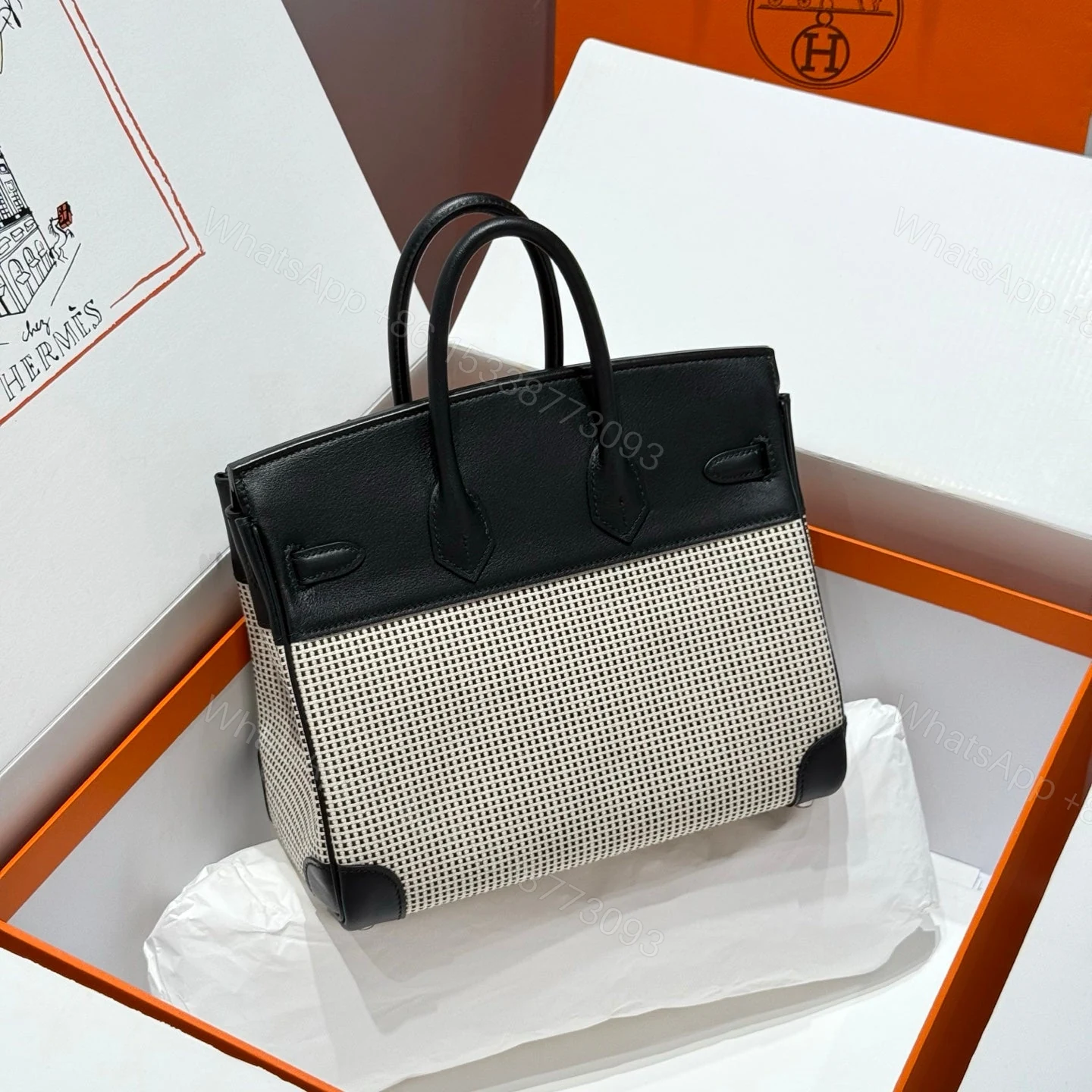 View 2 of Hermes BIRKIN 25CM IN BLACK SWIFT WHITE BLACK PLAID TOILE CANVAS (CUSTOM-MADE)