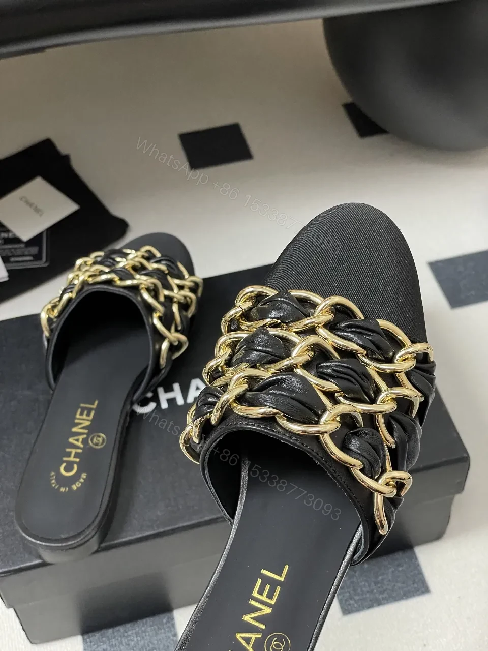 View 8 of Black Satin Mules with Gold Chain Detail - Opulent Everyday Style