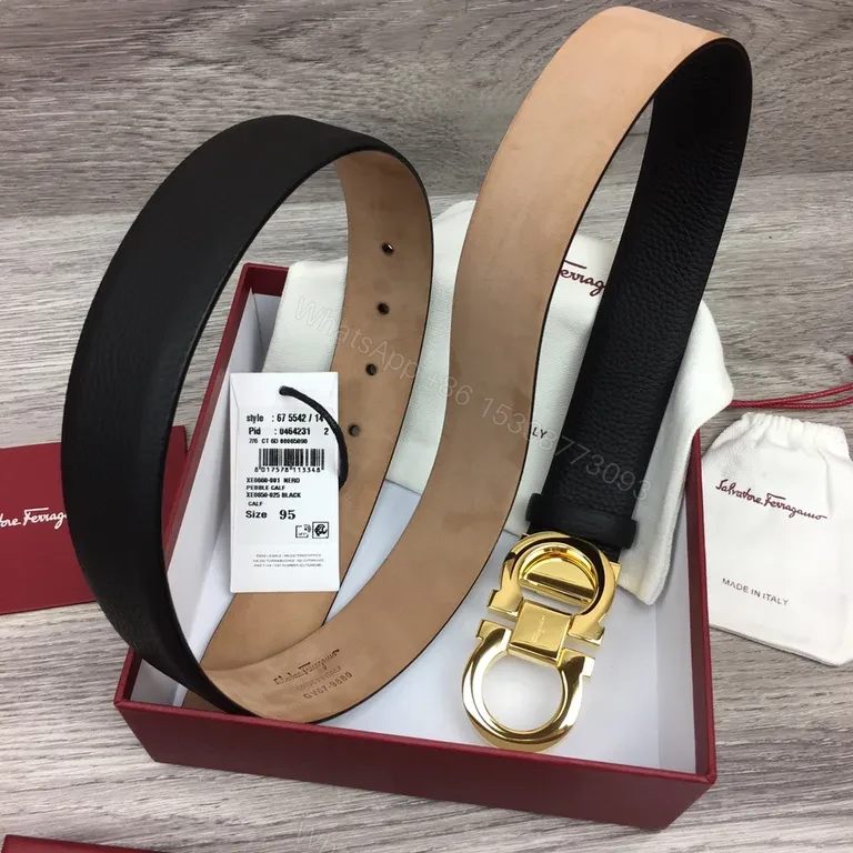 View 6 of Gold Buckle Leather Belt â€” Luxury Pebble-Grain, Ferragamo-Inspired
