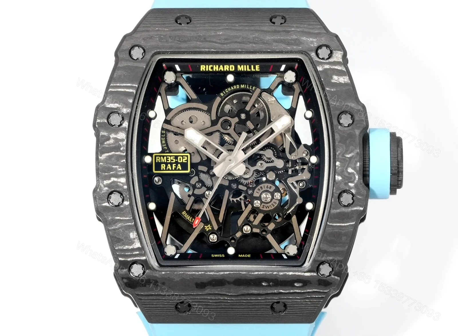 View 2 of Richard Mille RM35-02 Rafael Nadal Automatic Skeleton Watch NTPT Carbon Fiber Blue Strap Black Red Track Dial RMAL1 Movement Premium Edition RM35-02-RN-BLU-NT55