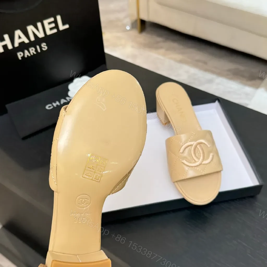 View 8 of Quilted Nude Slide with Logo Accent, Mid-Heel, Luxe Style