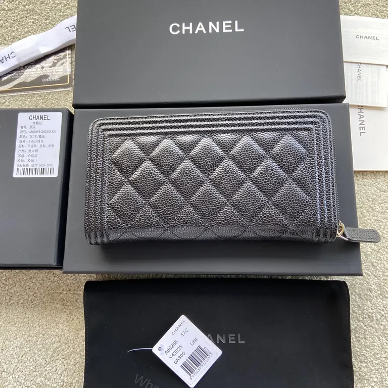 View 7 of Chanel-Inspired Quilted Leather Wallet with Gold Logo