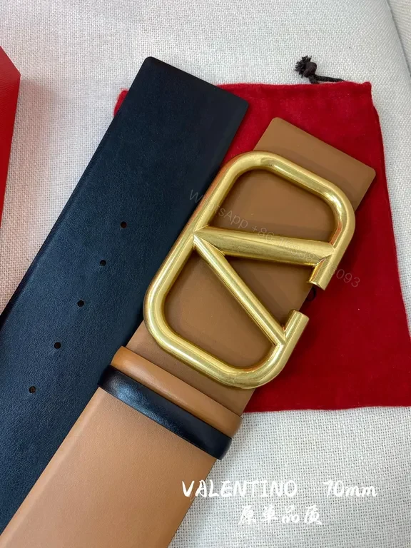 View 5 of Bold Gold Buckle Tan Leather Belt: Valentino Garavani 70mm