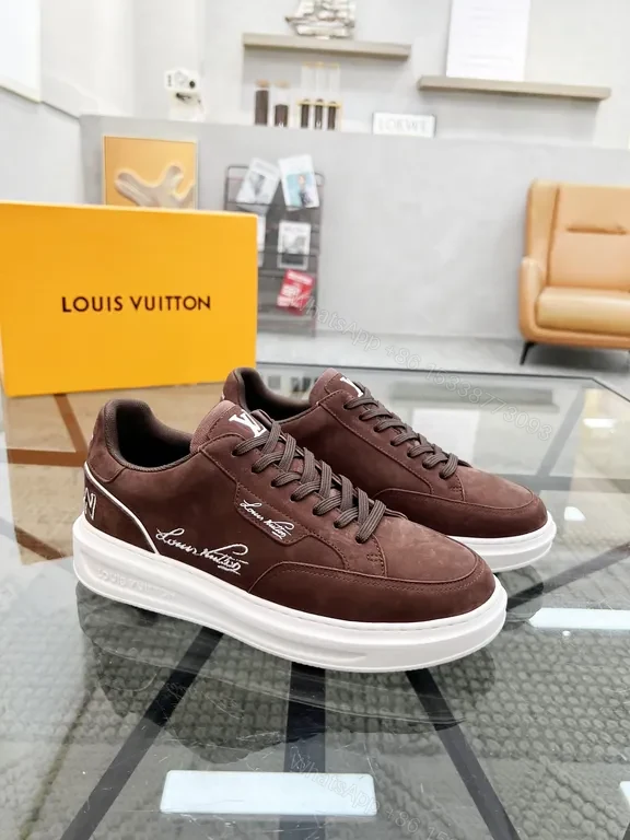 View 7 of Rich Leather LV Emblem Low-Top Sneakers - Suede, White Sole