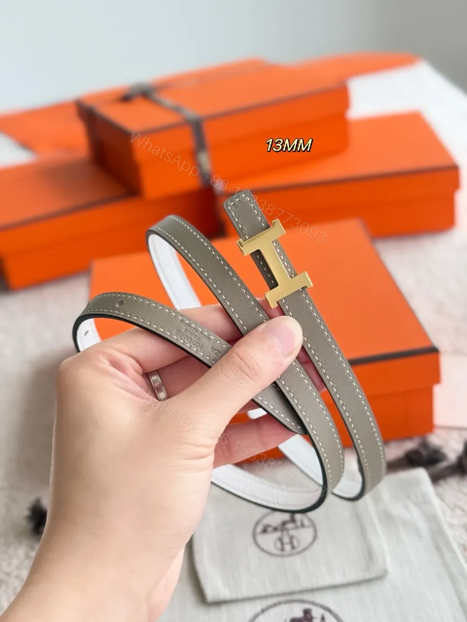 View 6 of Reversible 13mm Leather Belt with Gold Buckle - Dual-Tone Style