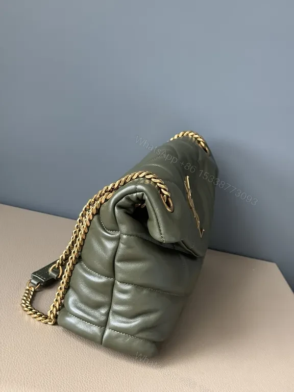 View 8 of Olive Quilted Leather Shoulder Bag with Gold YSL Logo