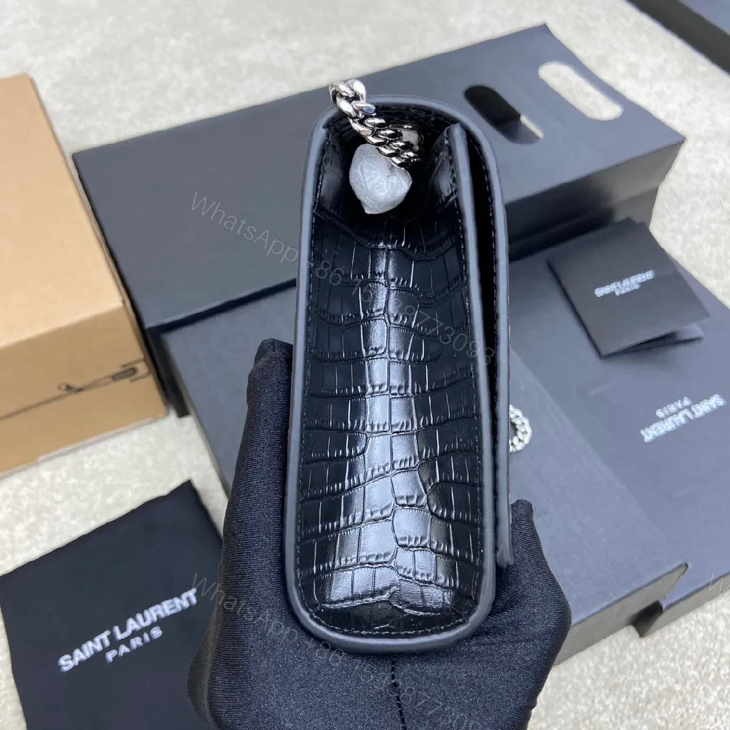 View 7 of Crocodile-Textured Leather Crossbody with Logo Clasp