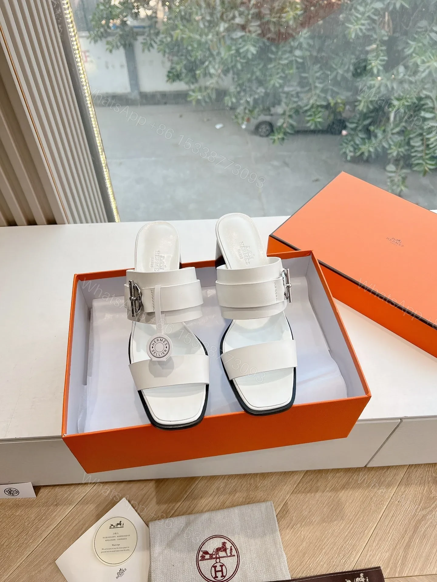 View 3 of Hermes Women White Leather Buckle Sandals