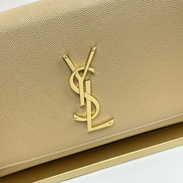 View 7 of Beige Leather Wallet-on-Chain with Gold YSL Logo