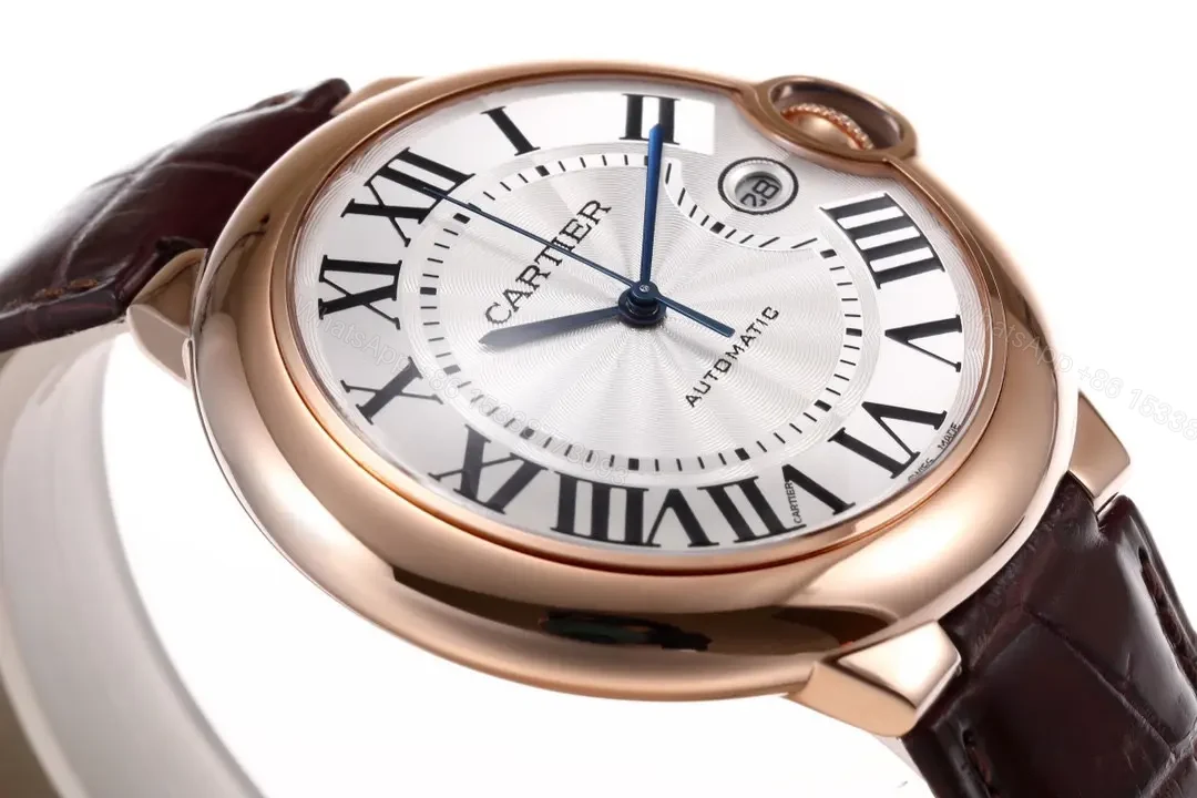 View 6 of V9 Factory Cartier Ballon Bleu 42mm Rose Gold Automatic Watch with Brown Alligator Strap