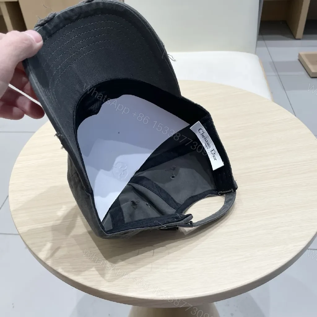 View 3 of Charcoal Cotton Distressed Cap: Dior-Inspired Monogram Edge