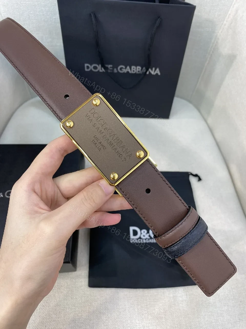 View 2 of Elegant Leather Belt with Gold-Tone Hardware, Timeless Luxury