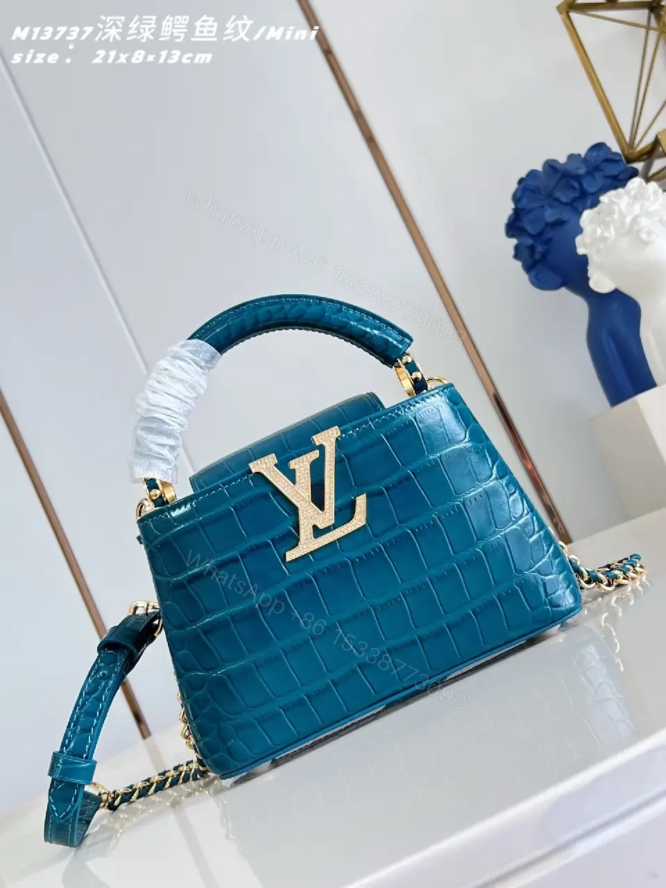 View 6 of Teal Crocodile-Texture Mini Bag with Gold Emblem