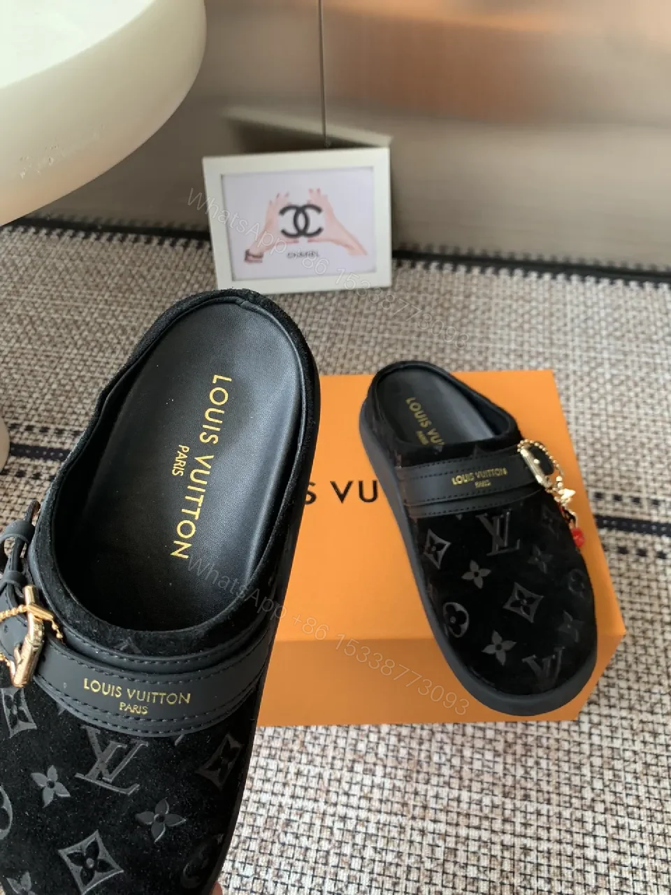 View 3 of Monochrome Velvet Slip-Ons with Gold Hardware