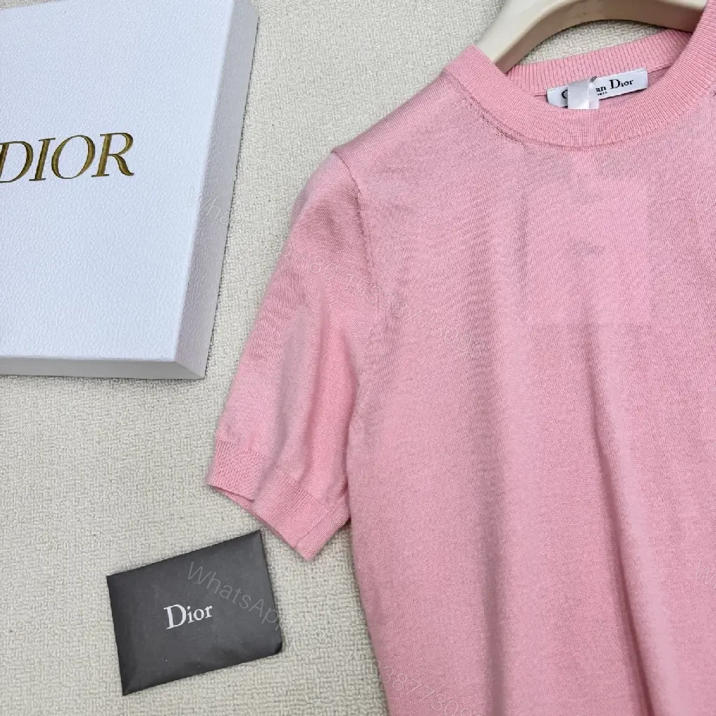 View 6 of Pink Cotton Knit Short Sleeve Dior Style with Logo Key Feature Tee