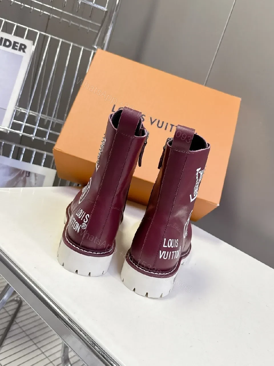 View 8 of Bold Burgundy Combat Boots with Contrast Stitching and Zipper