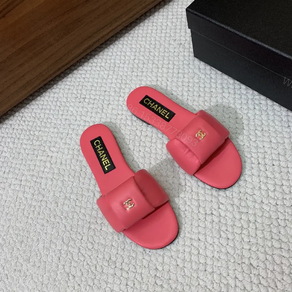 View 4 of Pink Leather Slide Sandals Gold Chanel Logo Slipper Style Bow Accent Sandal