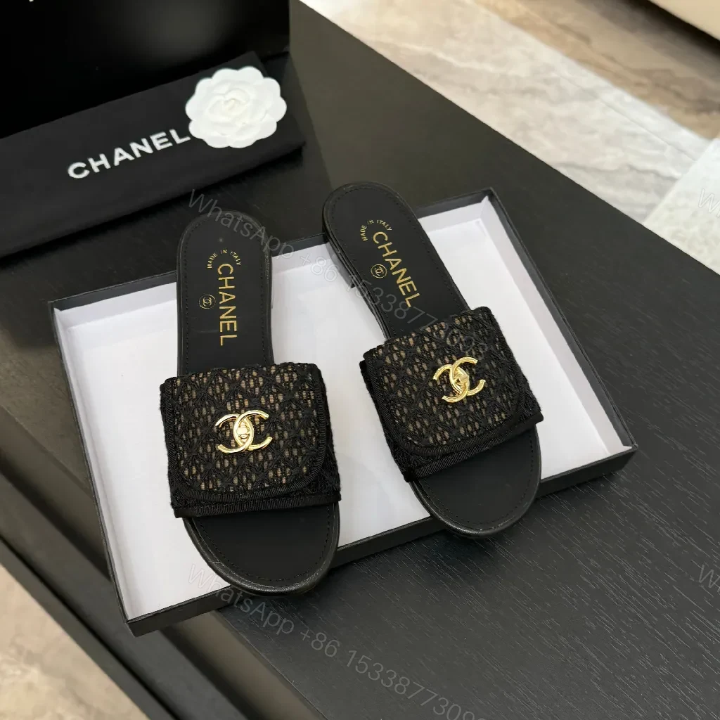 View 6 of Lux Black Chanel-Texture Slide with Gold Logo Accent