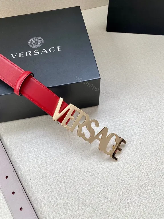View 6 of Bold Red & Pink Versace Belt with Gold Logo Buckle
