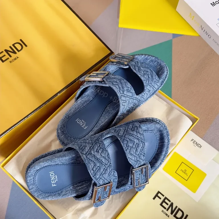 View 5 of Denim-Texture Sandals with Fendi Detail â€“ Luxury Comfort Menâ€TMs