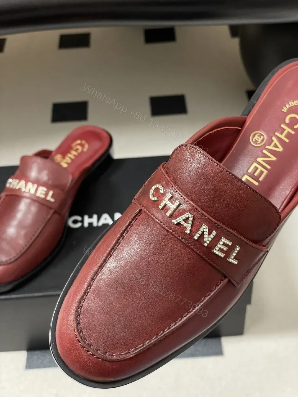 View 3 of Burgundy Leather Mule Slides with Signature Logo Billet