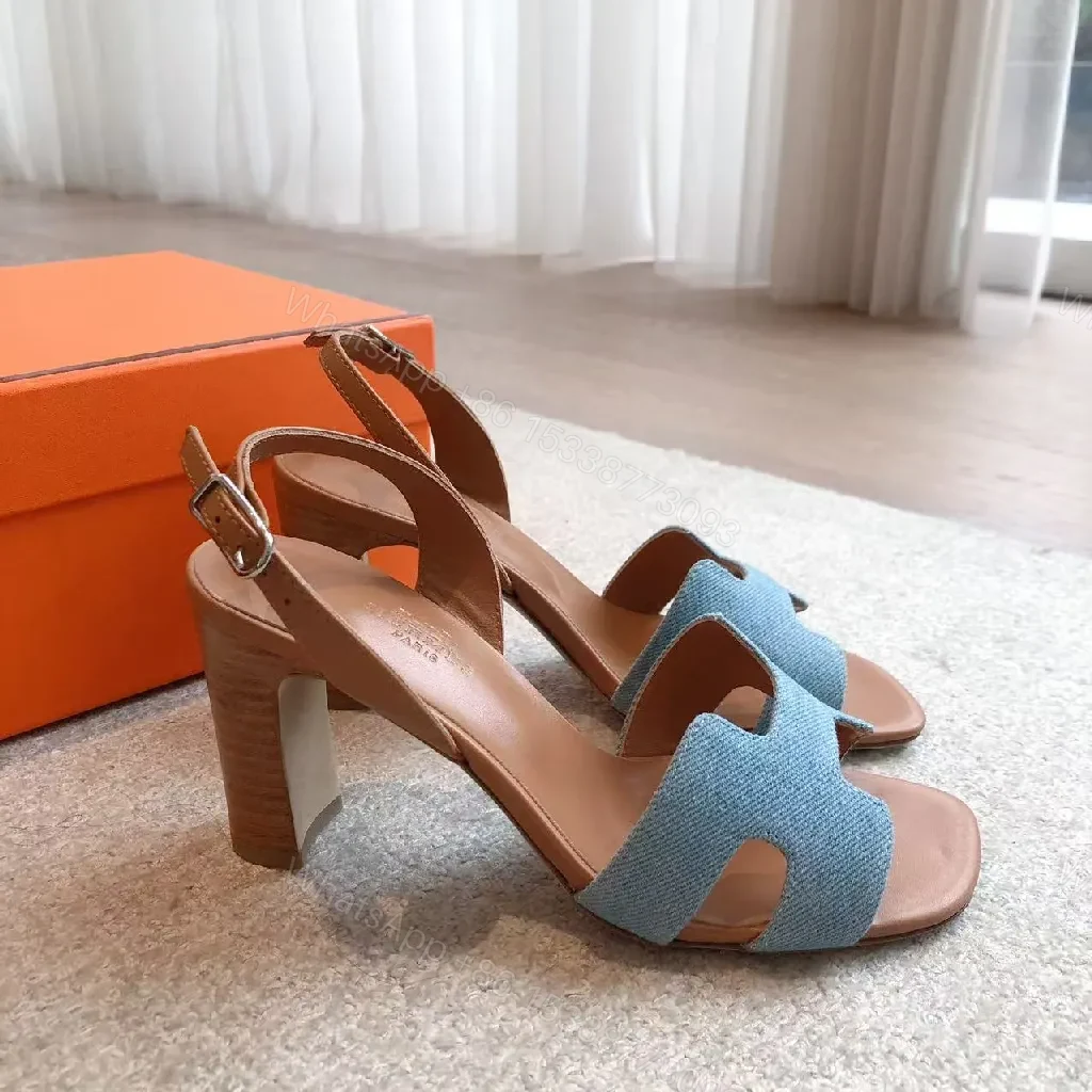 View 2 of Chic Denim-Textured Strappy Sandals with Block Heel