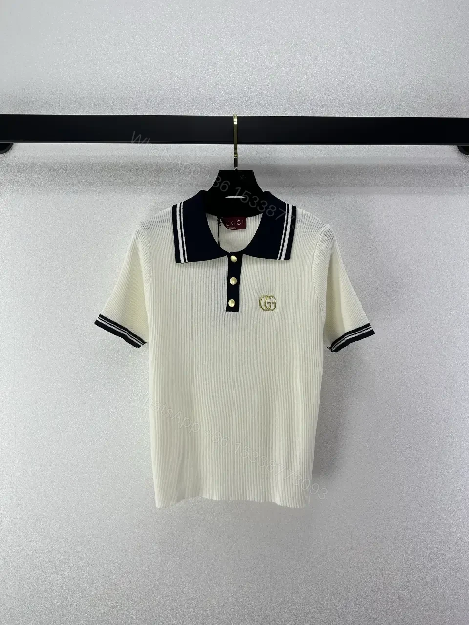 View 9 of Cream/Navy Ribbed Polo Shirt with Gold Accents