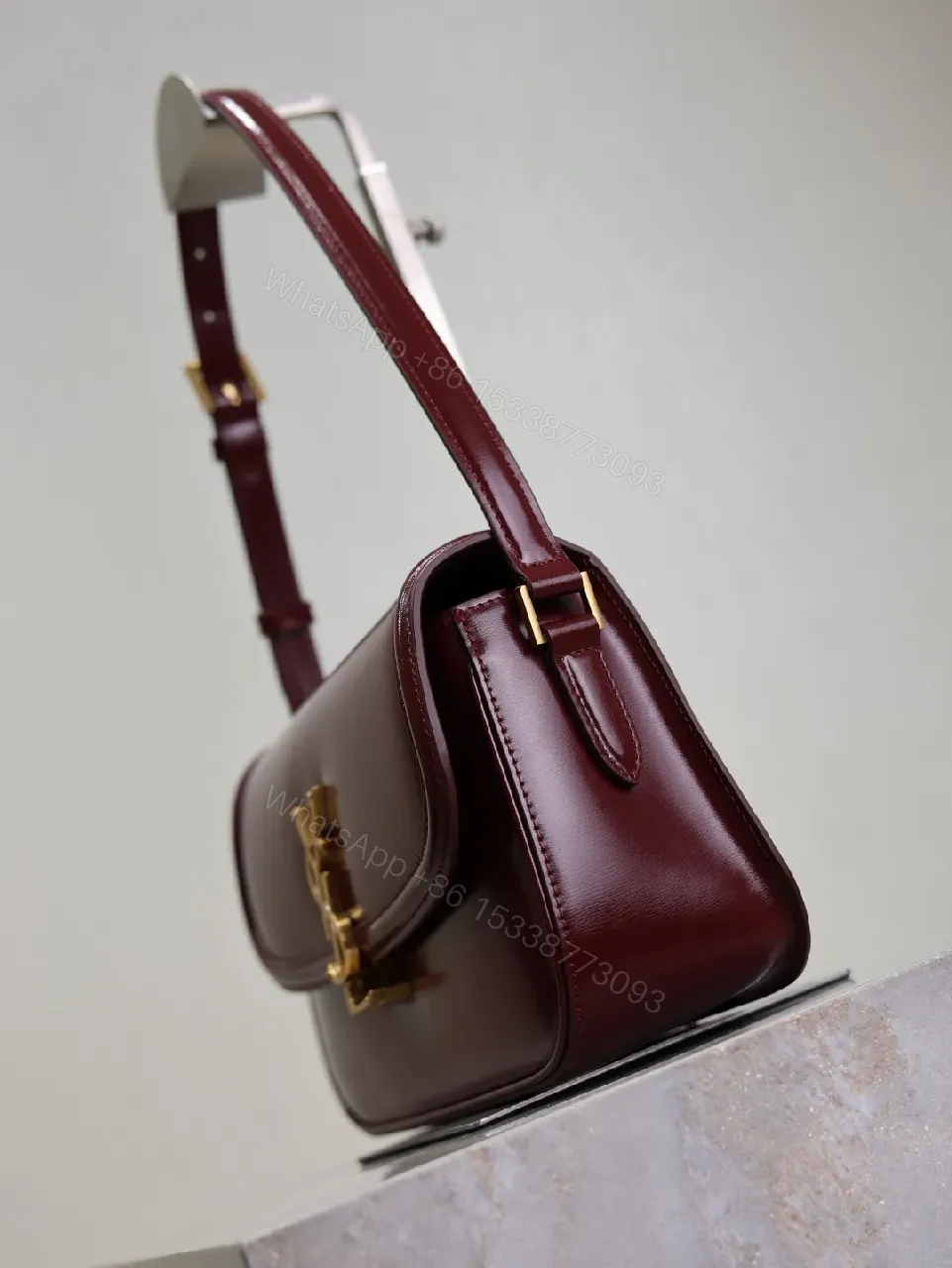 View 7 of Burgundy Velvet Crossbody Bag with Gold Hardware