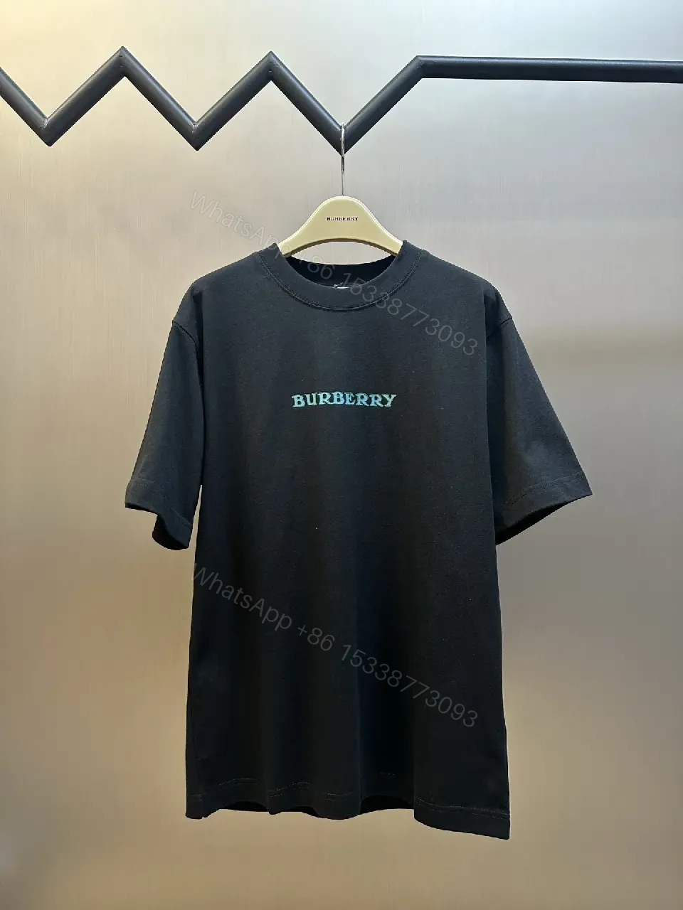View 4 of Black Knit Oversized Tee Turquoise Burberry Text T-Shirt