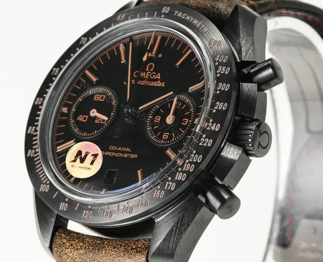 View 3 of Omega Speedmaster Dark Side of the Moon Black Ceramic Chronograph with Brown Leather Strap