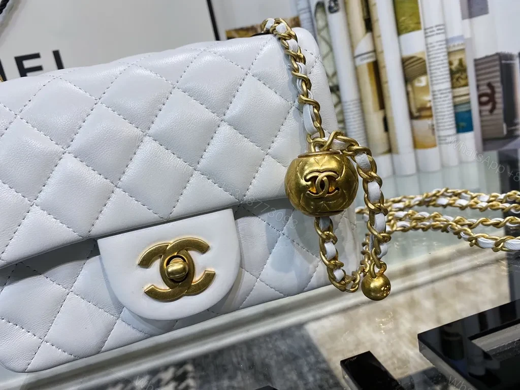Pristine White Quilted Bag with Gold Chain — view 3