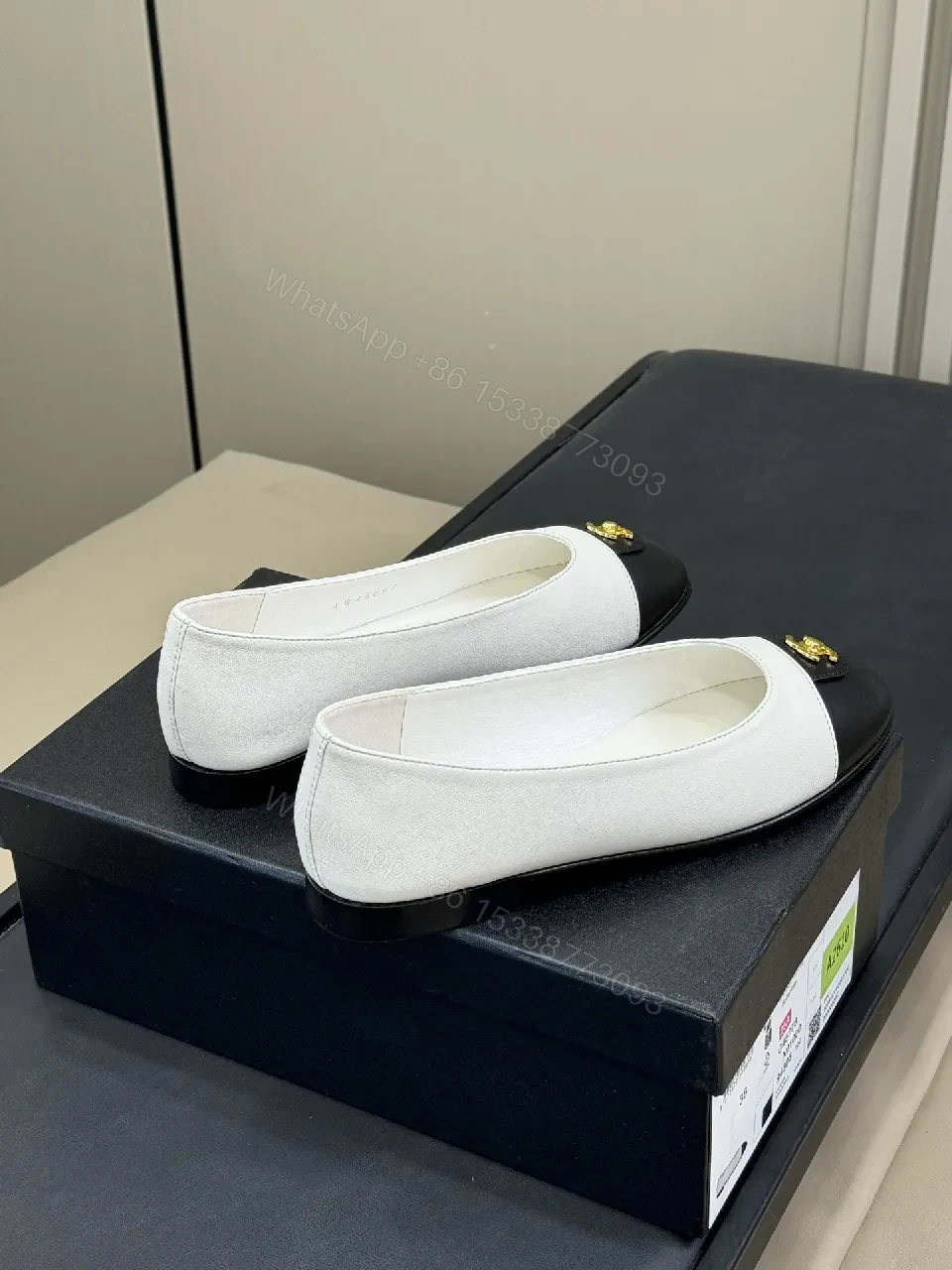 View 5 of White & Black Ballet Flats | Gold-Emblem Flat Shoes, Minimalist Luxe