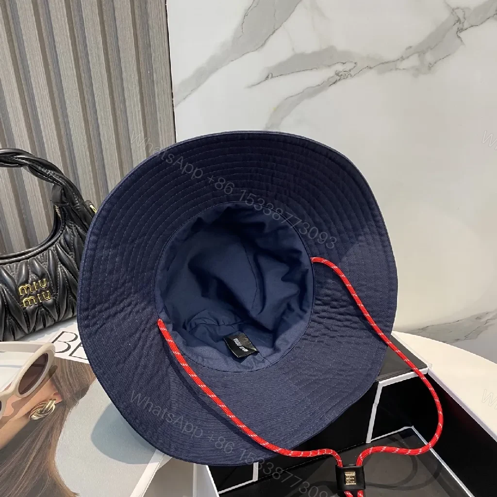 View 6 of Navy Wide-Brim Bucket Hat with Embroidered Logo