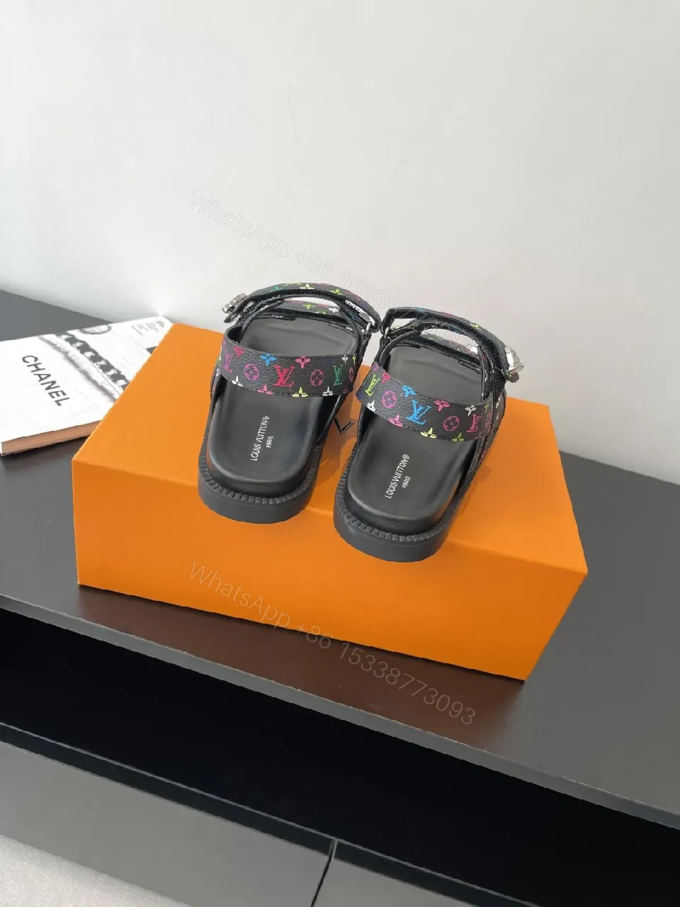 View 5 of Bold Patterned Strap Sandals with Rainbow Monogram Logo