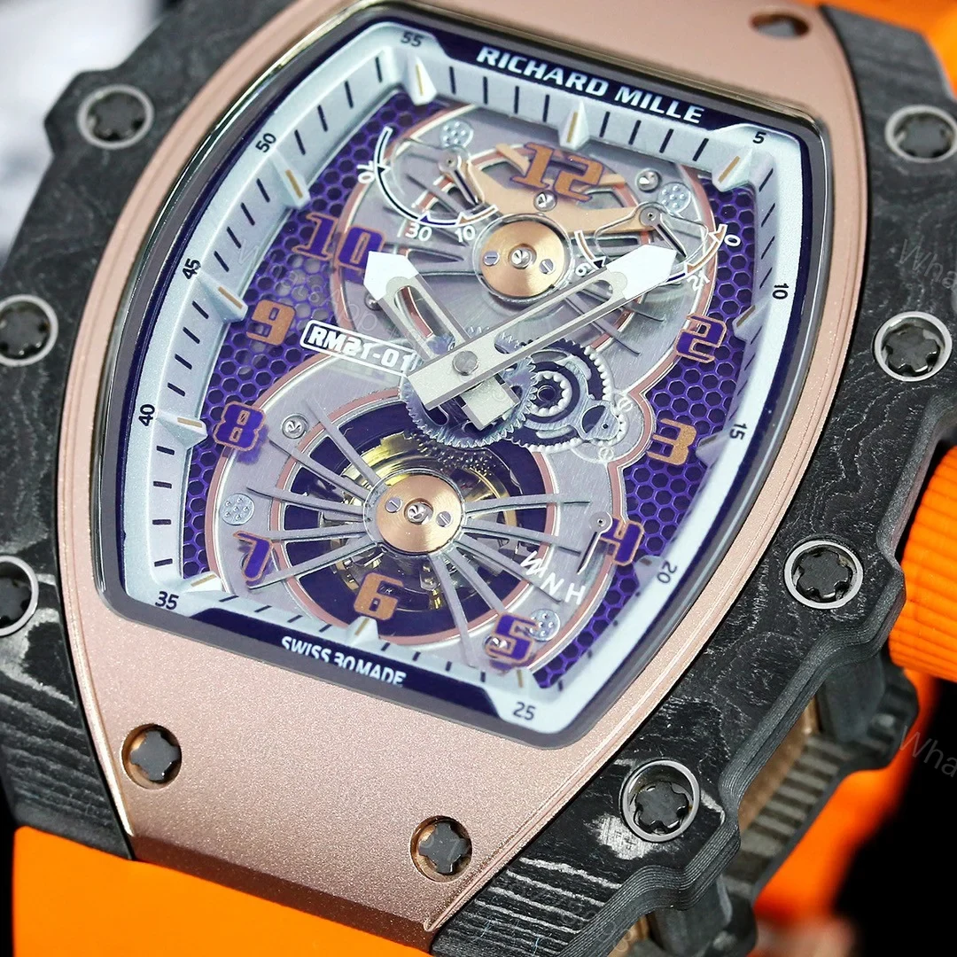 View 5 of Richard Mille RM21-01 Automatic Skeleton Watch 40MM Carbon Fiber Case Orange Strap Aerospace Structure 20 Keyway Screws Premium Edition RM-RM21-01-CF-ORG-SKL-40
