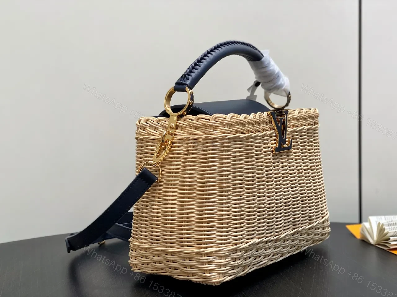 View 6 of Natural Rattan Bag + Leather Trim + Luxe Minimalist + LV-Inspired Accent + Handbag