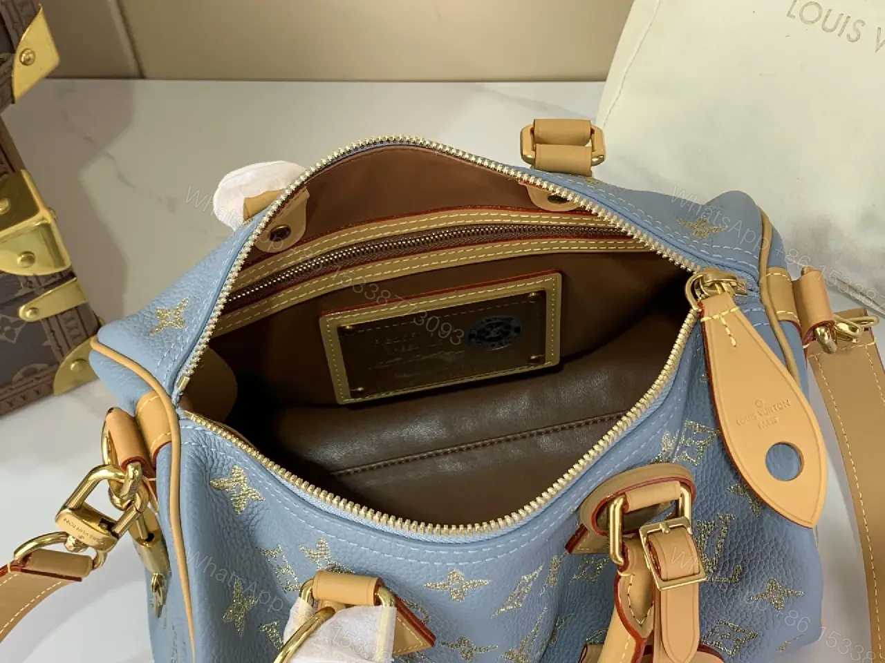 View 9 of Light Blue LV Monogram Tote Bag with Tan Leather Accents