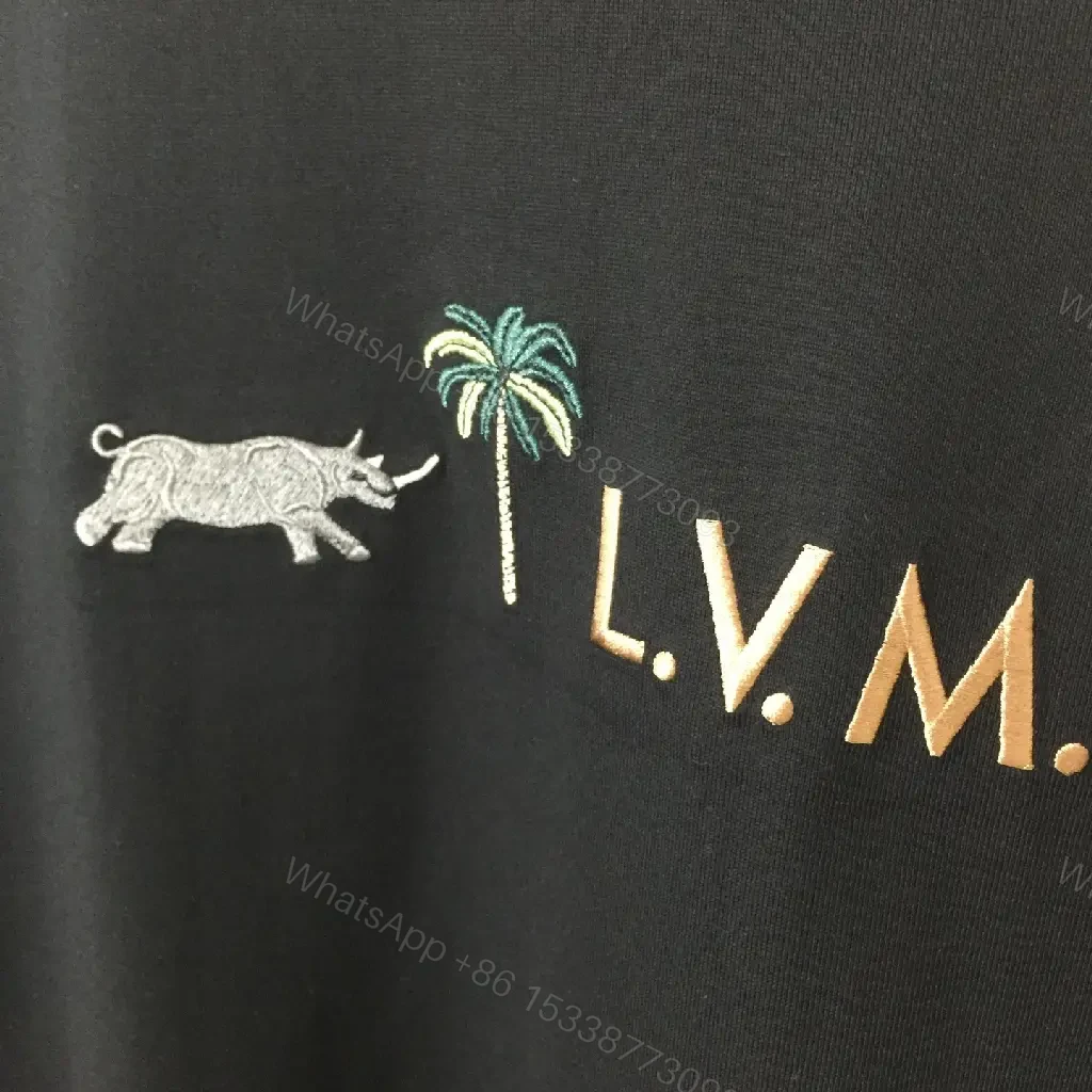 View 4 of Black Cotton Blend Palm Monogram Tee - Elevated Casual Staple