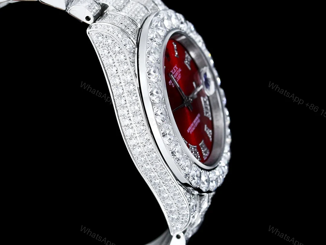 View 7 of Rolex Datejust Red Diamond Replica 42MM Premium Iced Steel Bracelet Red Dial Edition RG-ROLEX-DJ-RED-DIA-ICED-STL-42