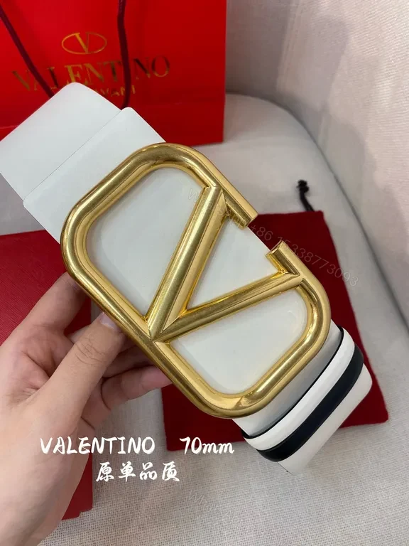 View 3 of White Leather Belt with Gold V Buckle â€“ 70mm Valentino Style