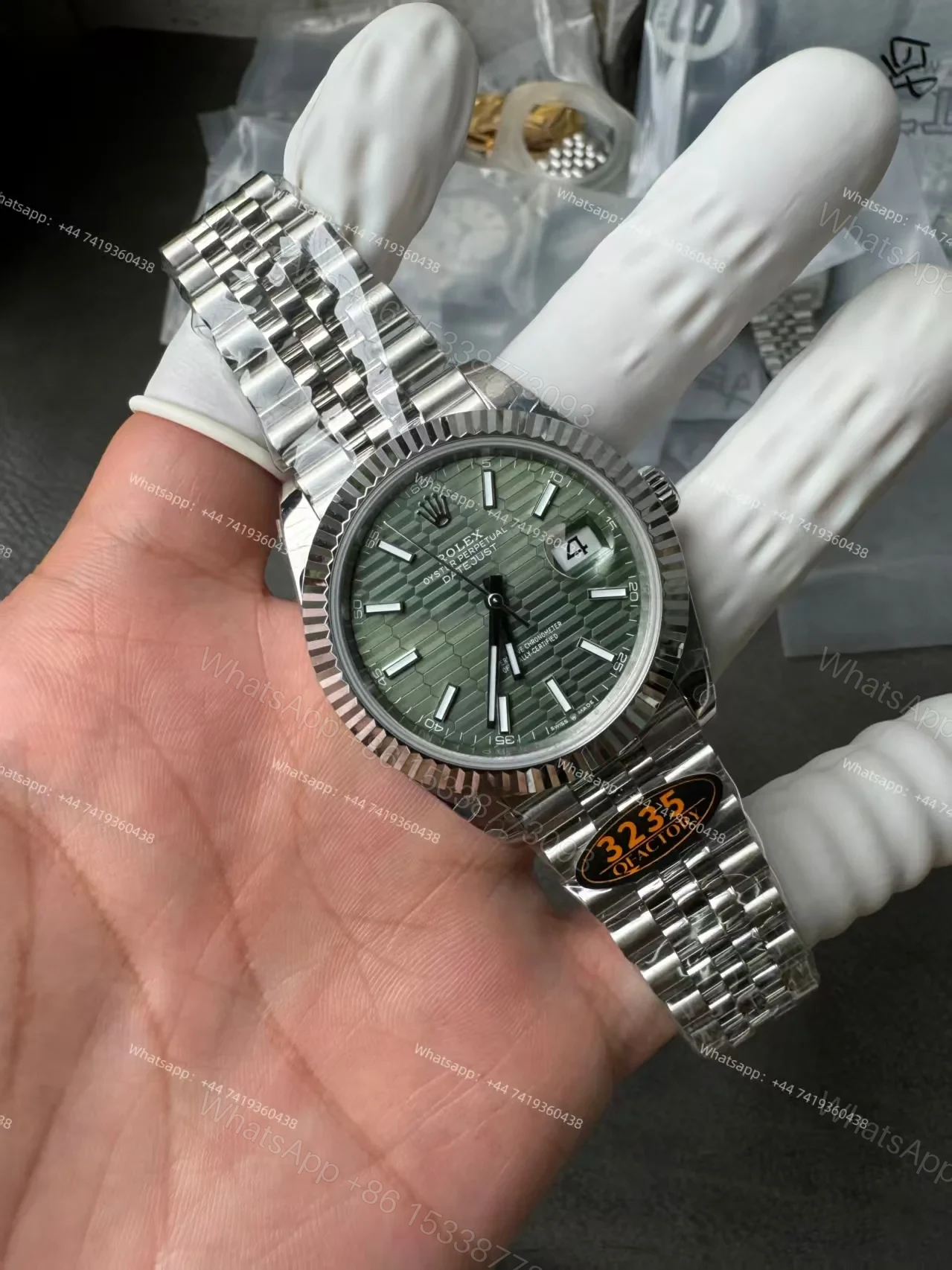 View 12 of Rolex Datejust M126334-0030 Water Ripple Green Dial 1:1 Replica Jubilee 41MM 3235 Movement Super Clone Watch