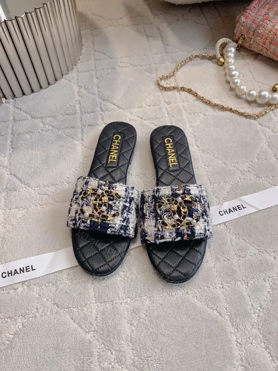 View 3 of Textured Tweed Slide Sandals with Interlock Detail