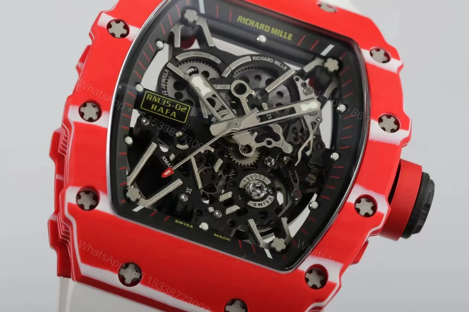 View 9 of Richard Mille RM35-02 Automatic Skeleton Watch Red Carbon Fiber Case White Strap RMAL1 Movement Premium Edition RM-RM35-02-RED-WHT-SKL