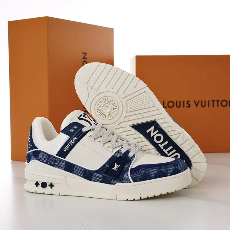View 5 of Navy Leather Monogram Runner: Modern Checker Sneaker