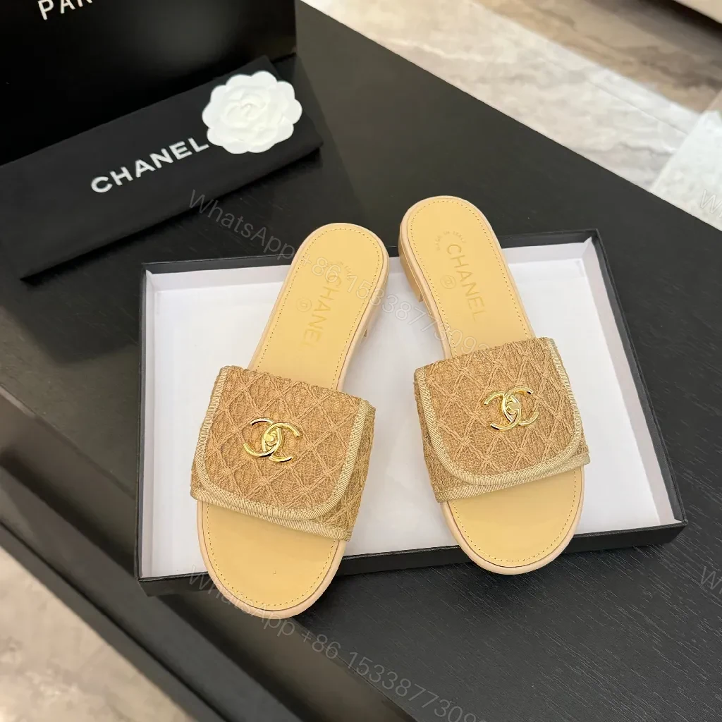 View 6 of Beige Textured Slides with Gold Logo Luxury Comfort
