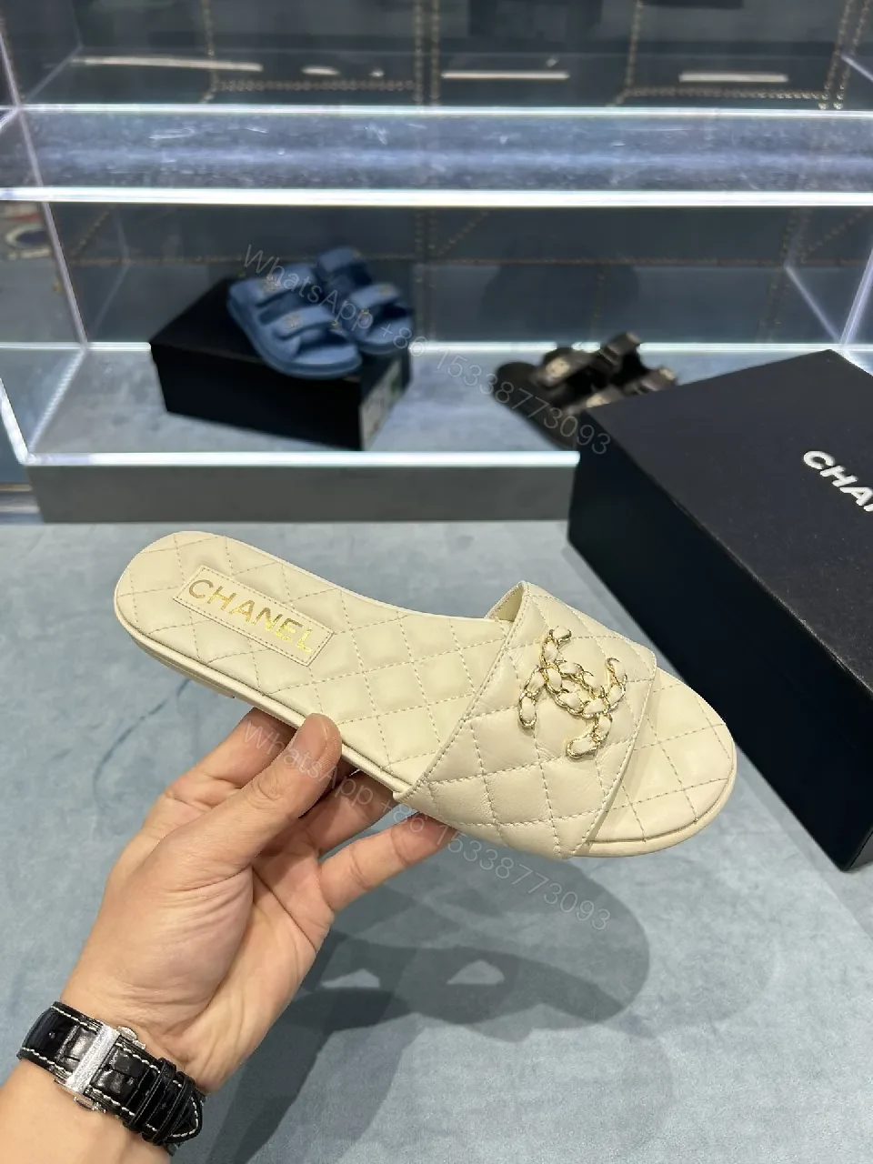 View 6 of Beige Quilted Slide: Luxe Comfort, Subtle Logo