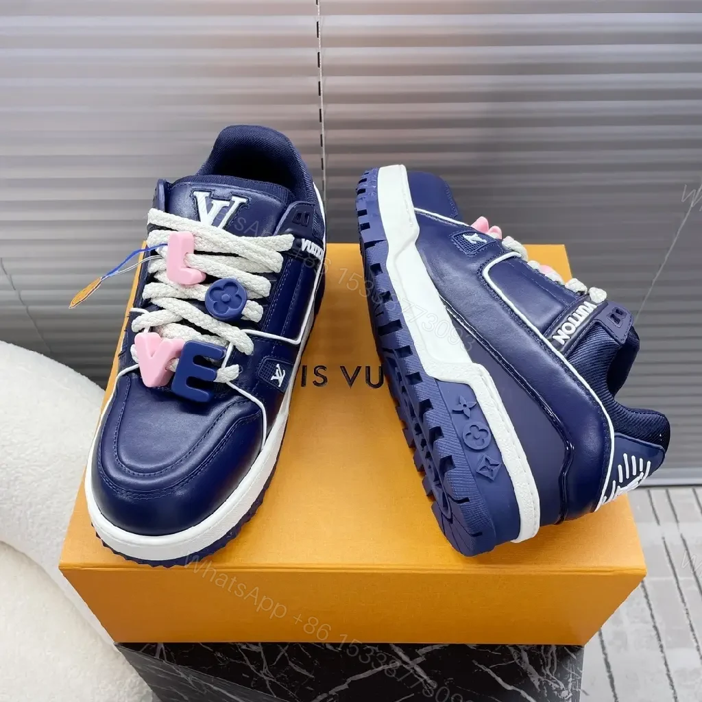 View 3 of Navy Leather High-Top Sneakers with Charms and LV-Inspired Accents