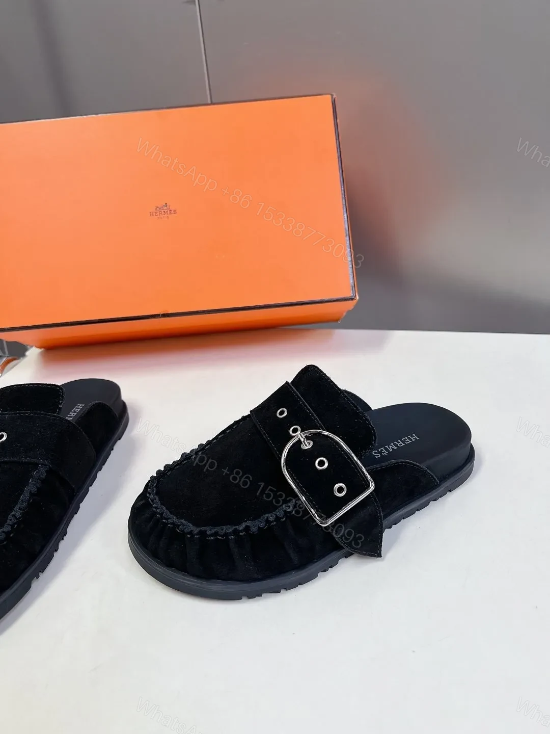 View 4 of Hermes Women Black Suede Buckle Mules