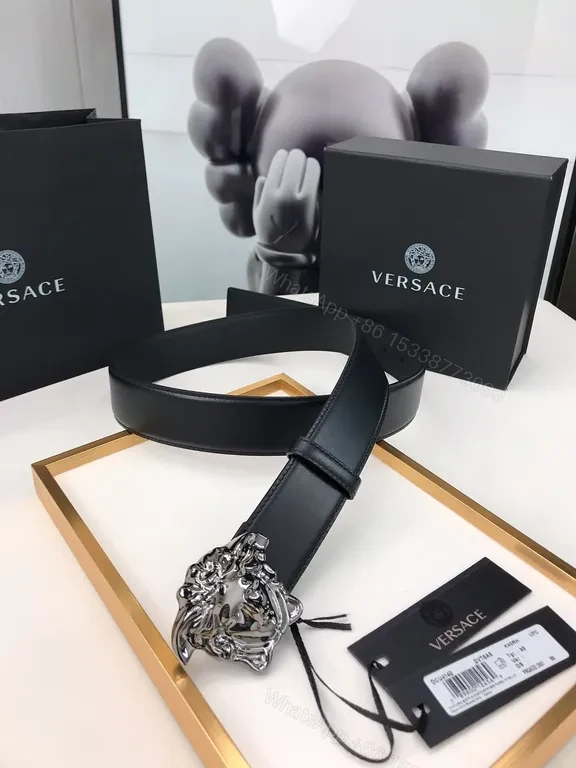View 3 of Medusa Buckle Leather Belt: Premium Full-Grain Black Leather Belt